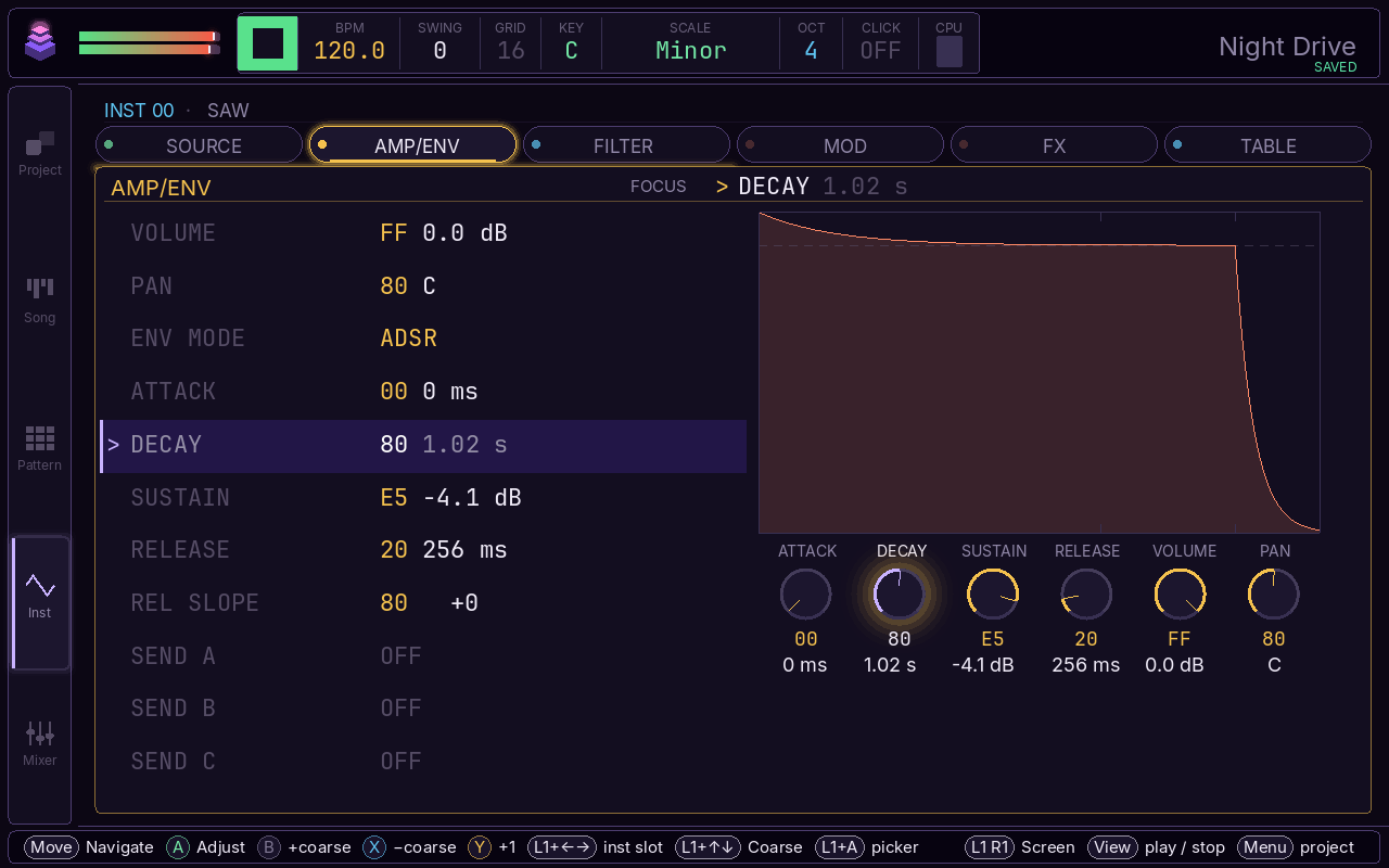 plynth's instrument editor on the wavetable SOURCE tab: a four-slot bank list with BLEND, SCAN, and LO-FI controls beside a live 3D render of the selected wavetable.