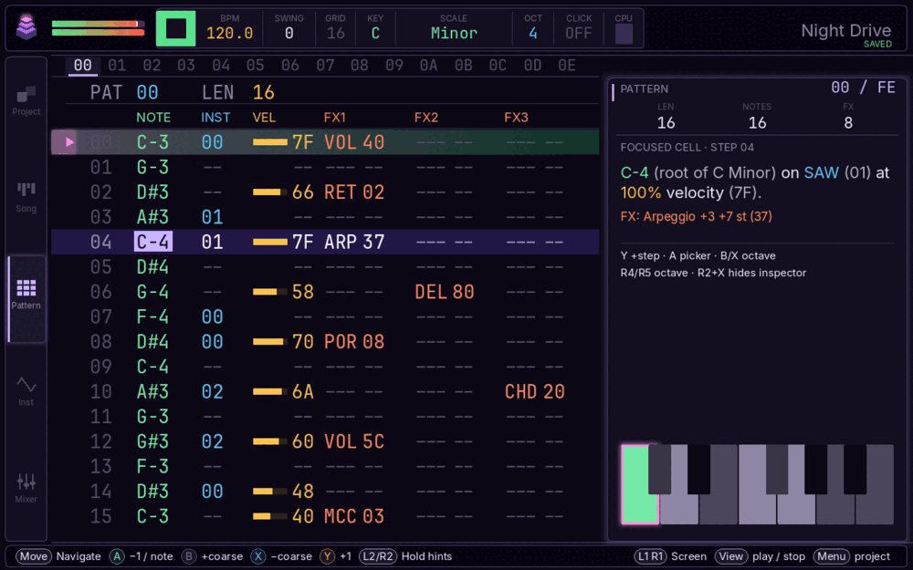 plynth's Pattern screen playing on the Steam Deck: a filled 16-row note grid with the playback row sweeping down.