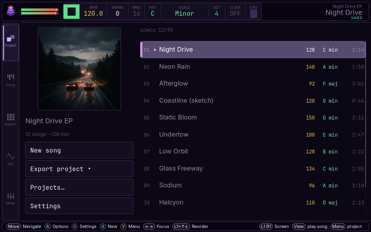 plynth's project view for an EP: a photographic album cover beside a track list of songs with tempo, key, and duration.